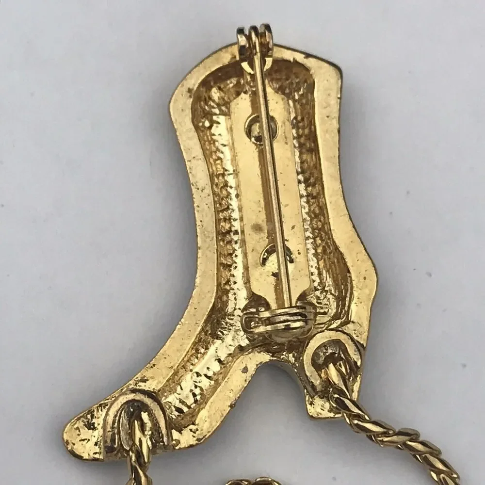 Cowboy Boot Southwestern Pin Brooch Vintage Gold Tone Black Enamel Metal Rope